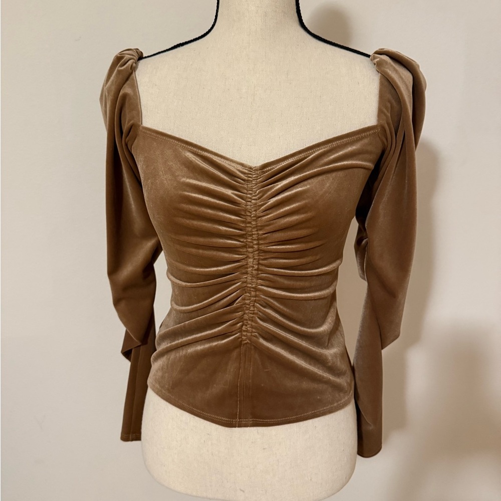 A.L.C. Brown Puff Sleeve Ruched Blouse